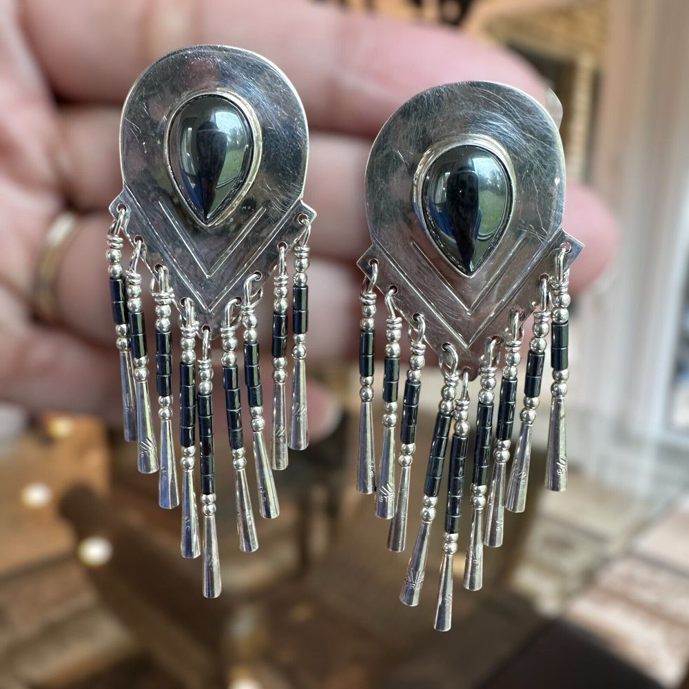 Navajo Chester Charley Signed Dangle Earrings 2.75 Inch Hematite Sterling‎ 19.0g